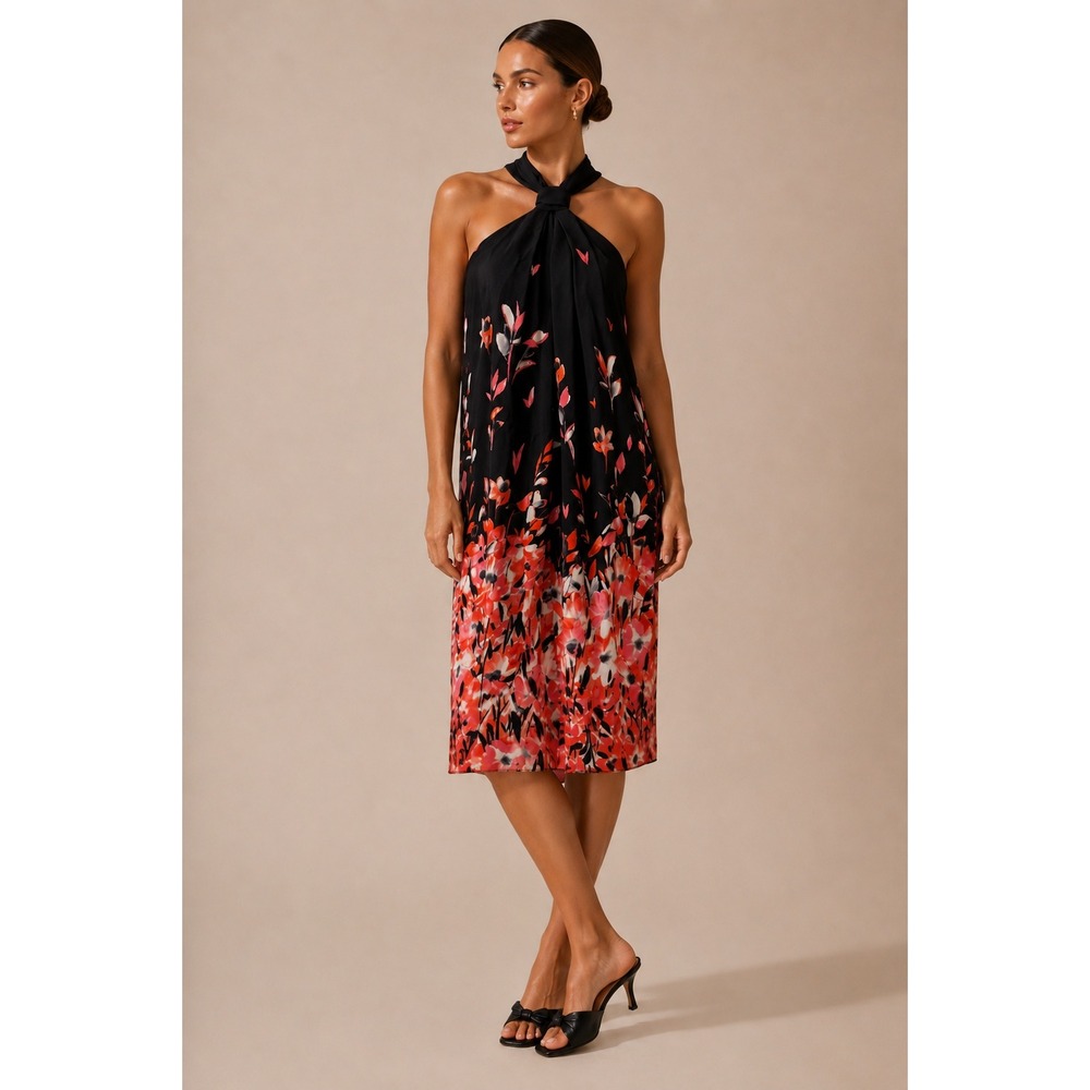 St. John Collection 100% Silk Halter Dress Sz 10 Designer Luxury Wedding Guest